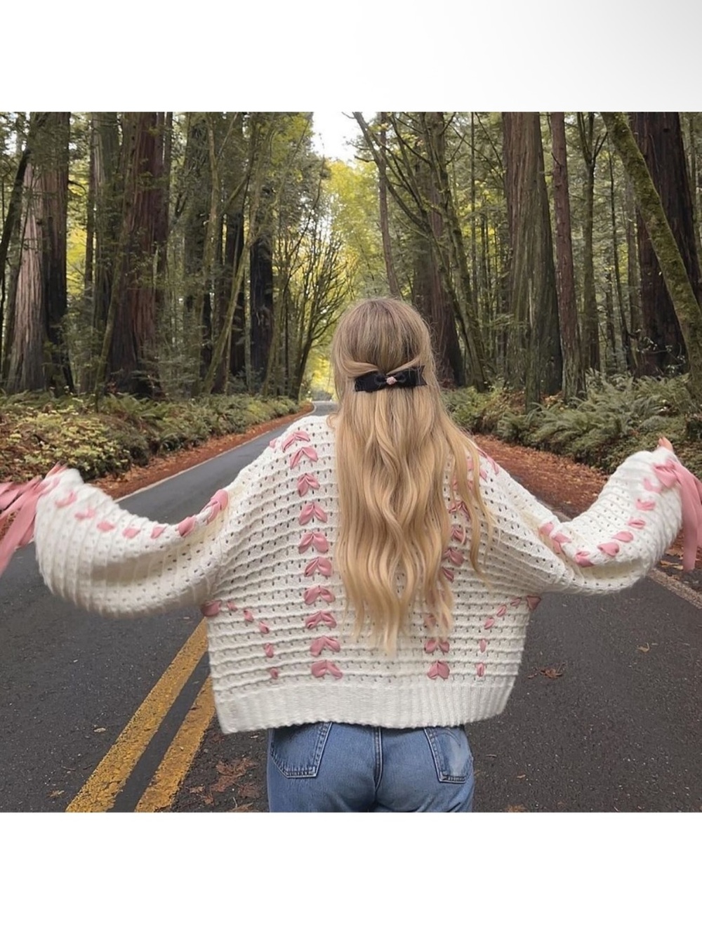 For Love & Lemons Laurel Oversized Cream & Pink Ribbon Sweater size small NEW - Picture 6 of 14